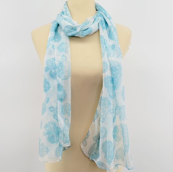 New York & Company Rose Print Sheer Oblong Scarf in Light Blue & White - Picture 1 of 8